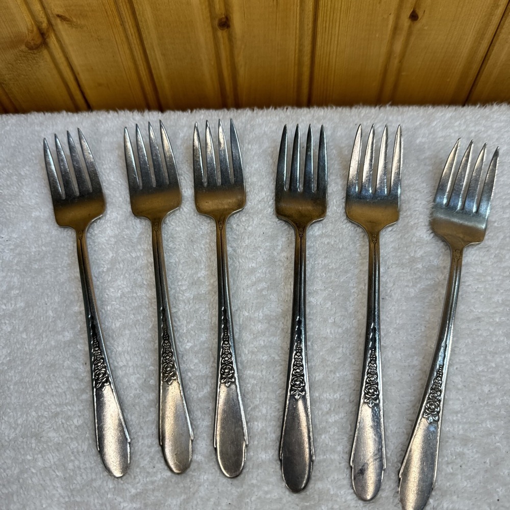 6 Vintage Wm Rogers & Son Gardenia Silverplate Flatware Salad Forks